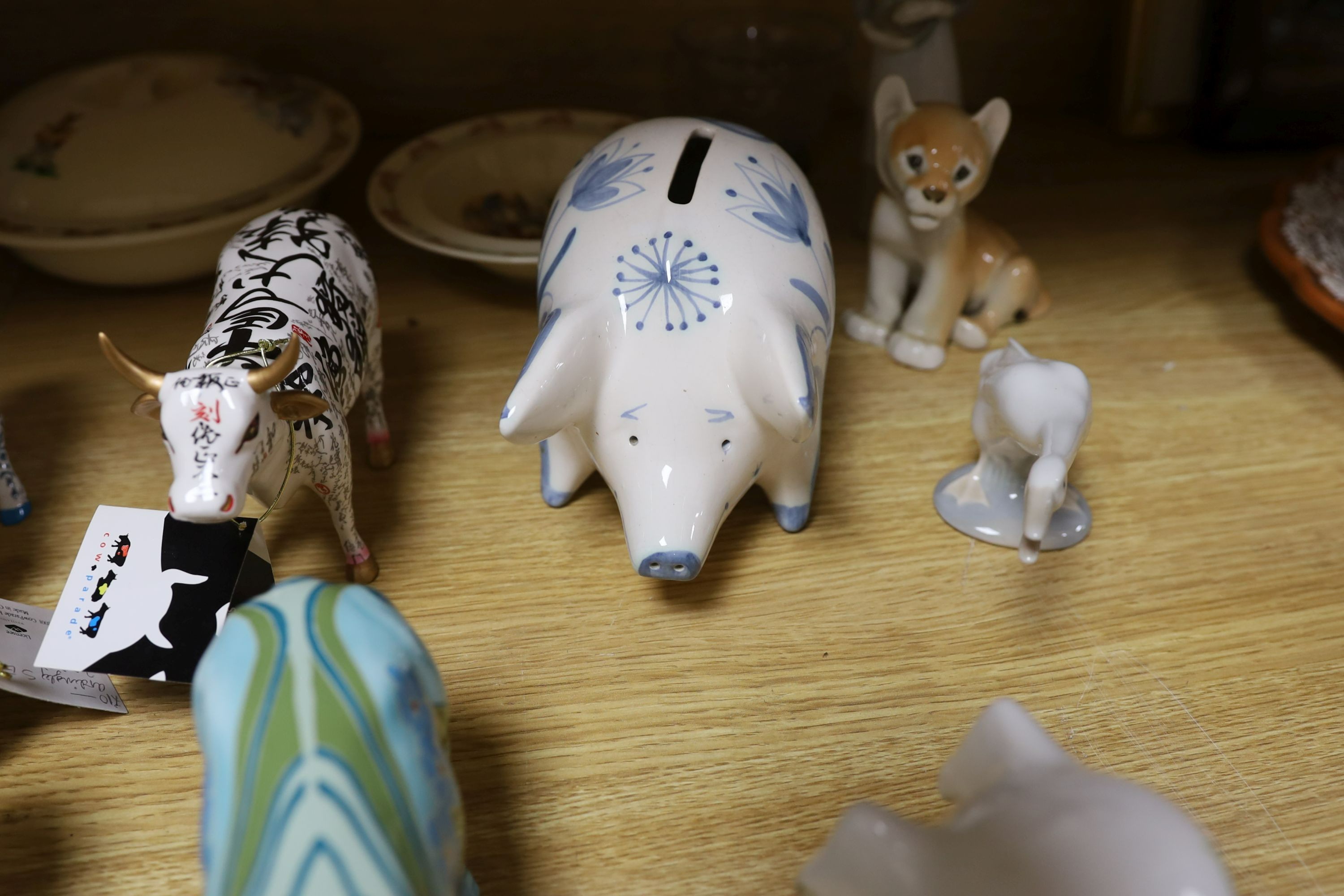 A Rye pottery pig money box and sundry china including Lladro and Bunnykins